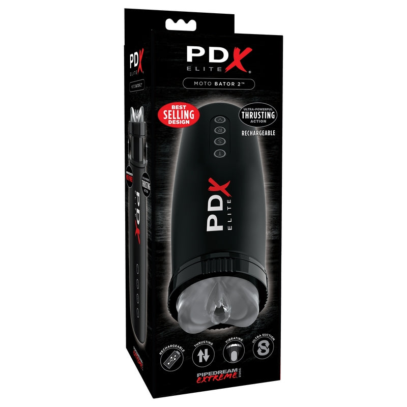 Black and red packaging with the clear masturbator on the front. The masturbator has a vaginal opening, a hard black shell, four grey buttons and pdx written on it in red and white 