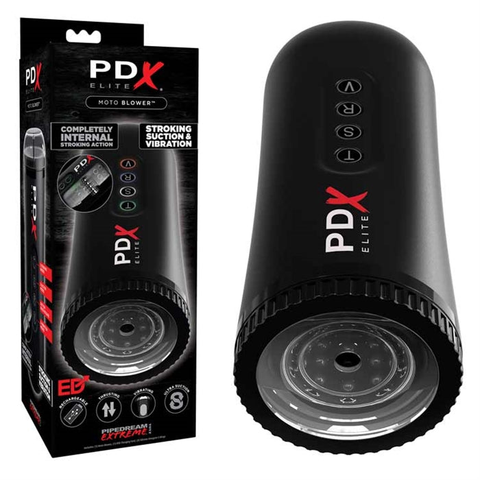 Black and red packaging next to the clear masturbator with a circle opening. The masturbator has a black hard shell, four buttons and pdx written in red and white on the front 