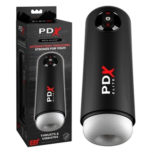 Black and red packaging next to the white masturbator. The masturbator has a circle opening, a hard black shell, three buttons, and pdx written on it in red and white 