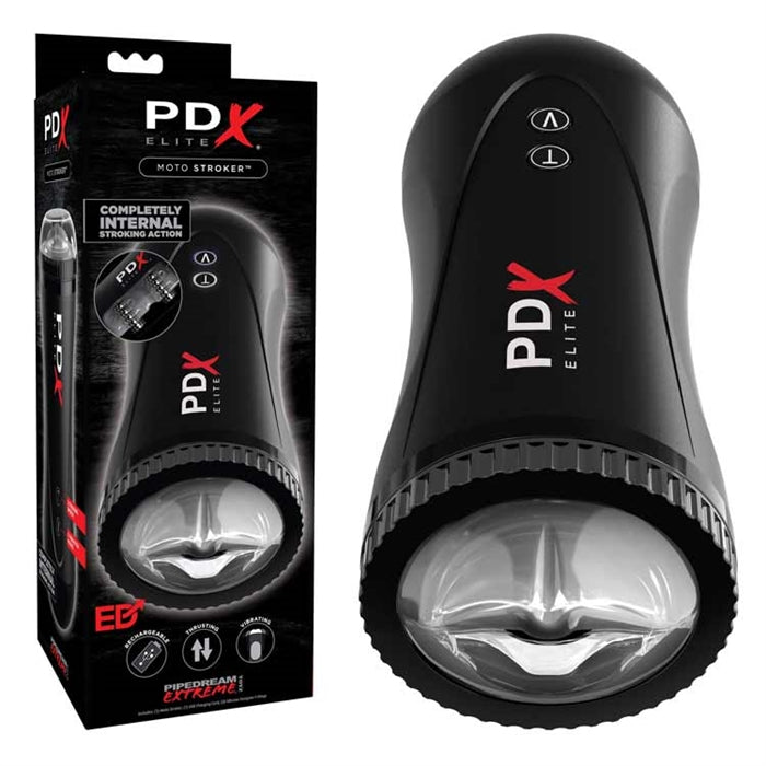 Black and red packaging next to the clear masturbator. The masturbator has a mouth opening and a hard black shell with two buttons and pdx written on it in red and white 