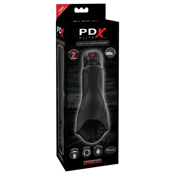Black and red packaging with the black masturbator on the front. The masturbator has a long shaft with a dome shape opening for the tip of the penis 