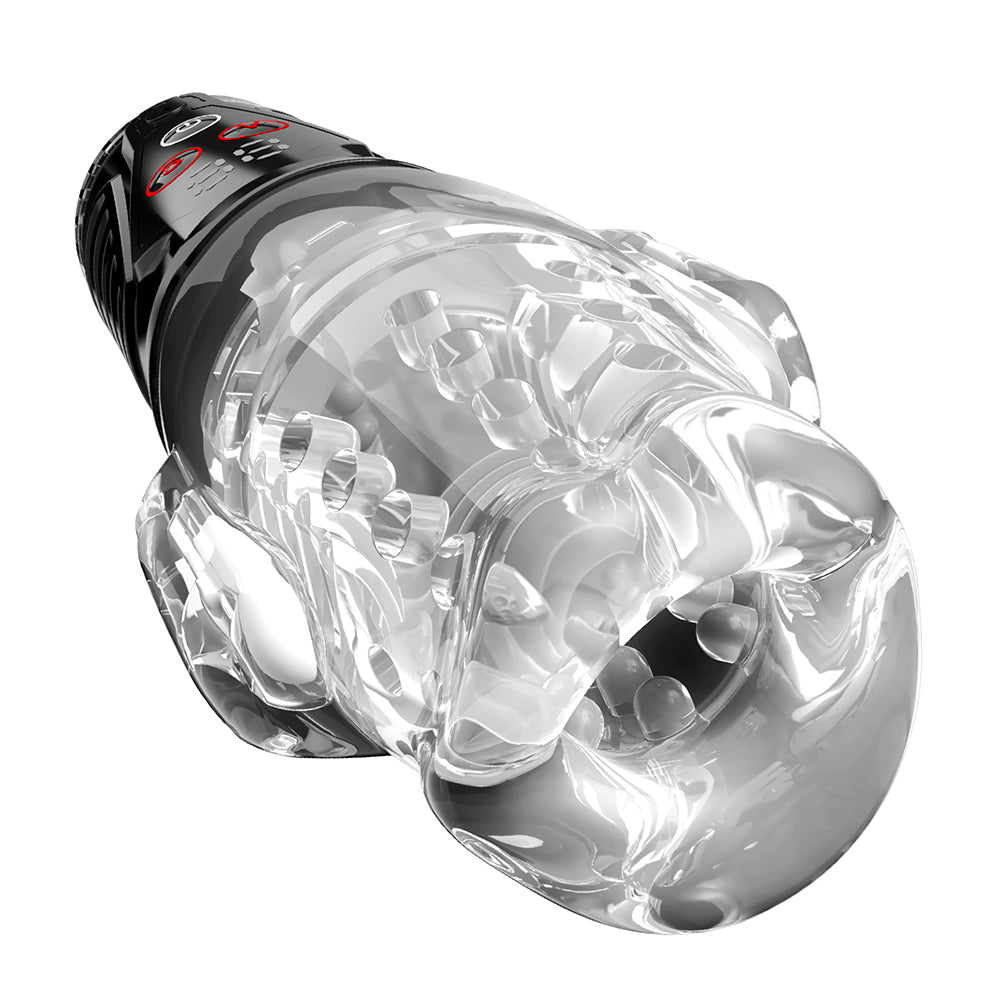 A transparent silicone masturbator with a black control head, shown on a plain white background.