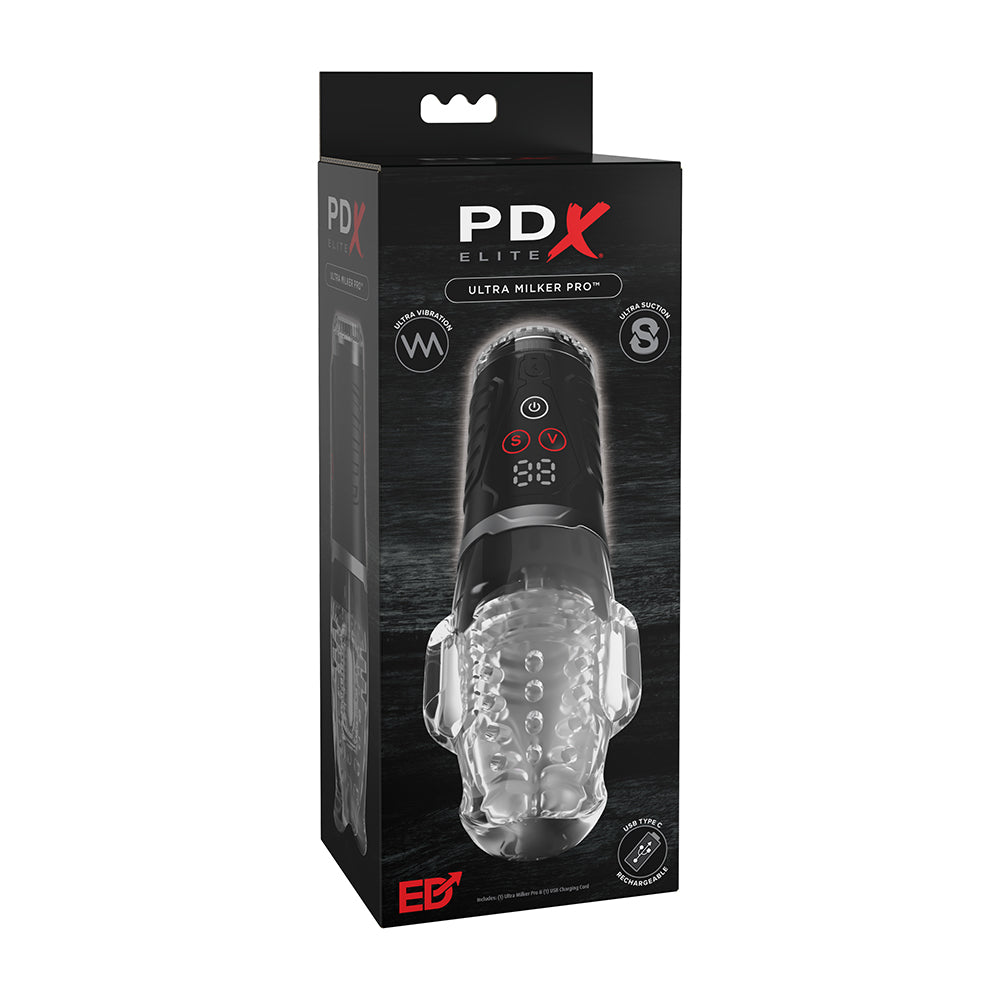 PDX Elite Ultra Milker Pro 8-in-1 masturbator in its original retail packaging, featuring a black box with a clear view of the product inside.