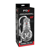 PDX Elite X packaging of a clear ultra-soft stroker with pump suction on a white background