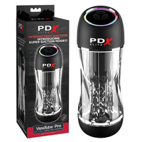 Black and red packaging with the masturbator on the front. T8he clear masturbator has a hard clear shell, a black twistable cap, and a black top with a rainbow colored lit up button 