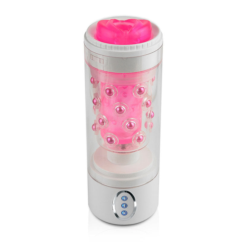 Pink masturbator with an vaginal opening and a clear hard shell with a white top and bottom. The pink masturbator has silver beads on the inside and the white top of the shell has three silver buttons
