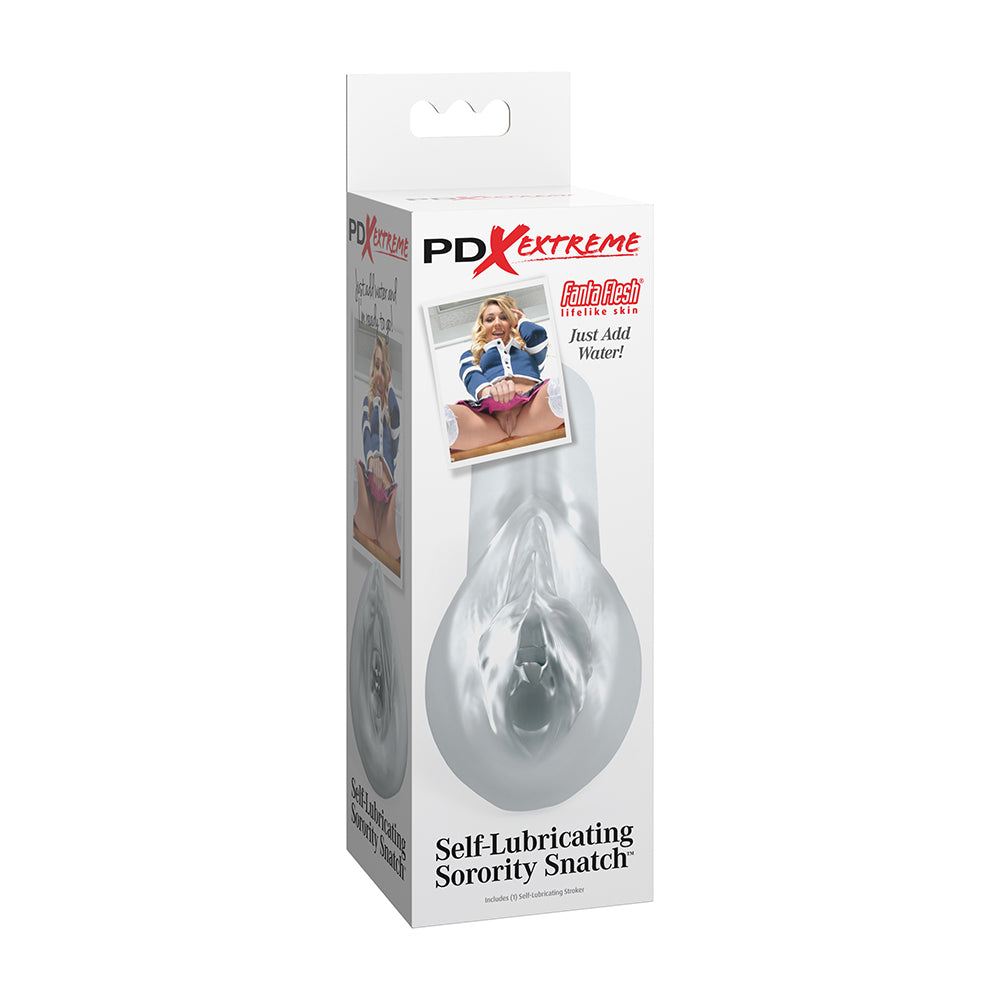 Boxed retail packaging for the PD Xtreme 'Just Add Water!' self-lubricating sorority snatch, showing a clear bulb-shaped product through a window on a white background.