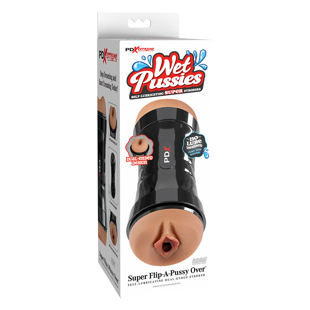 pdx double ended vagina masturbator with black hard case, on box packaging in tan