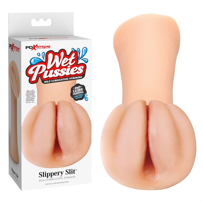 White packaging with a beige masturbator on the front. The masturbator has a vaginal opening with a large slit 