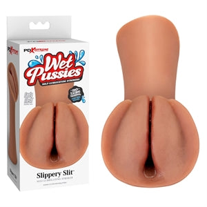 White packaging with the tanned masturbator on the front. The tanned masturbator has a vaginal entrance with a large slit  