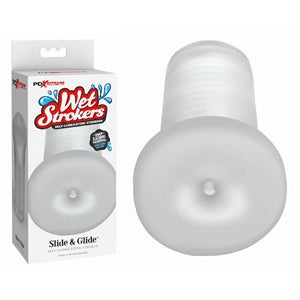 White packaging with the masturbator on the front. The clear masturbator has a circle opening 