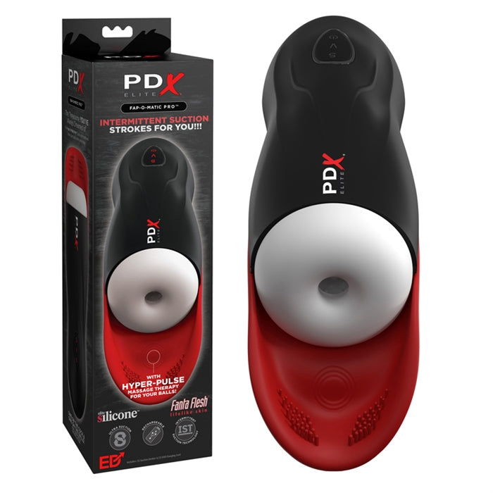 Black and red packaging with the masturbator on the front. The white masturbator has a circle opening and a black and red hard shell 