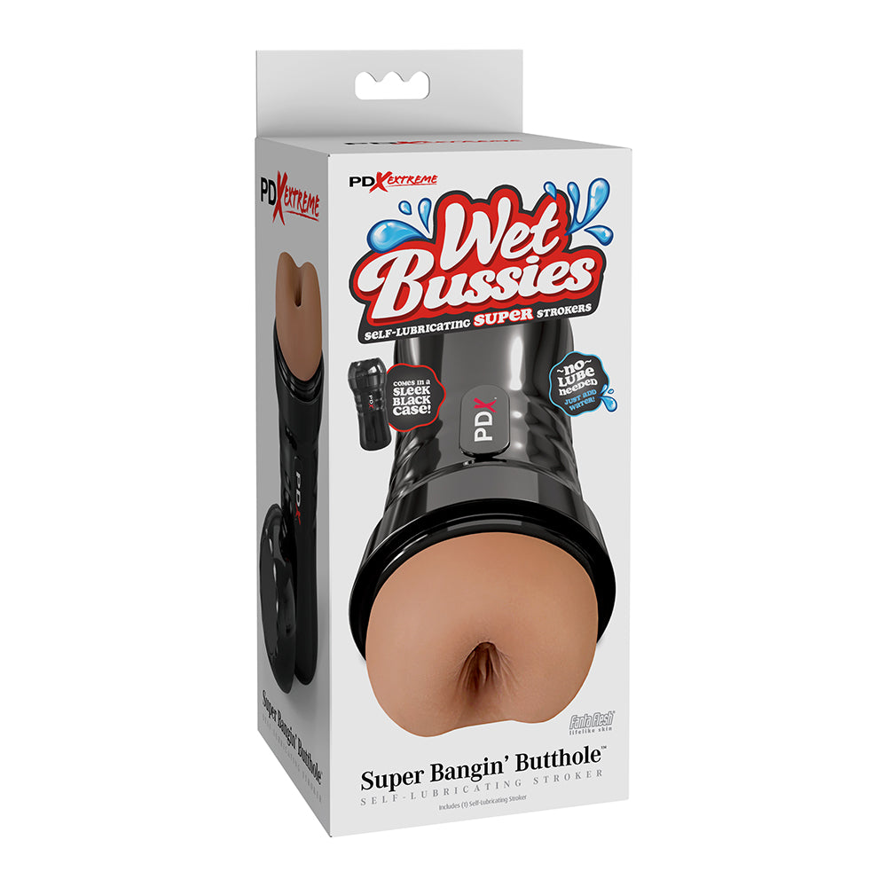 realistic butt masturbator with black case on box packaging in brown
