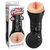 realistic vagina masturbator with black casing, beside box packaging