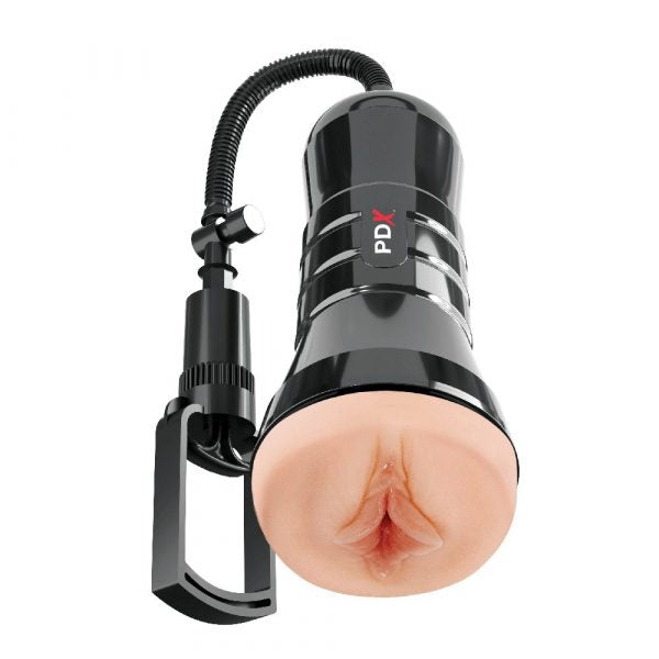 'Super Sucker XXL Stroker' with a realistic silicone vulva attachment on a white background