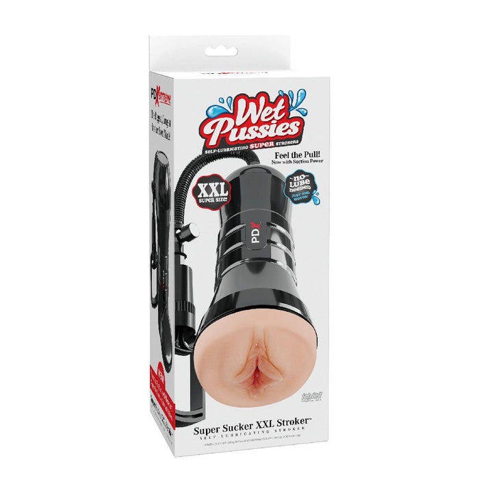 Product packaging of a 'Super Sucker XXL Stroker' with 'Wet Pussies' branding on a white background.