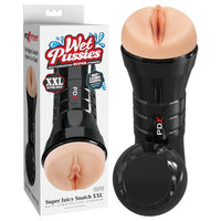 beige realistic vagina masturbator with black casing, beside box packaging