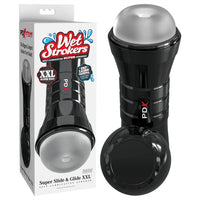 frosted sleeve xxl masturbator with black casing, beside box packaging