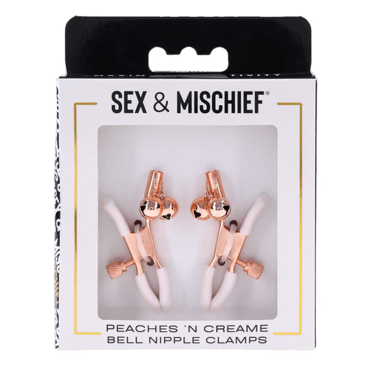 pink & rose gold nipple clamps with bells in box packaging