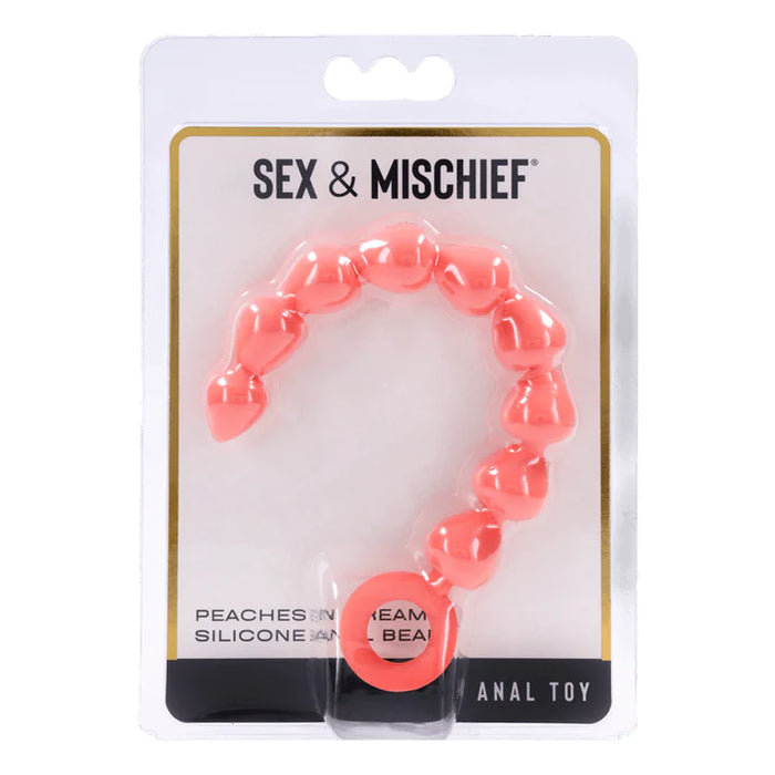 Peach silicone anal beads in packaging with 'Sex & Mischief' branding on a white background.