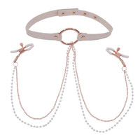 pink collar with  o-ring rose gold with white pearl and rose gold chain with nipple clamps