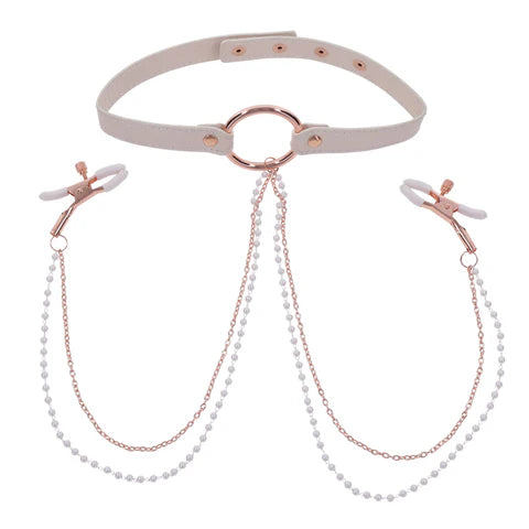 pink collar with  o-ring rose gold with white pearl and rose gold chain with nipple clamps