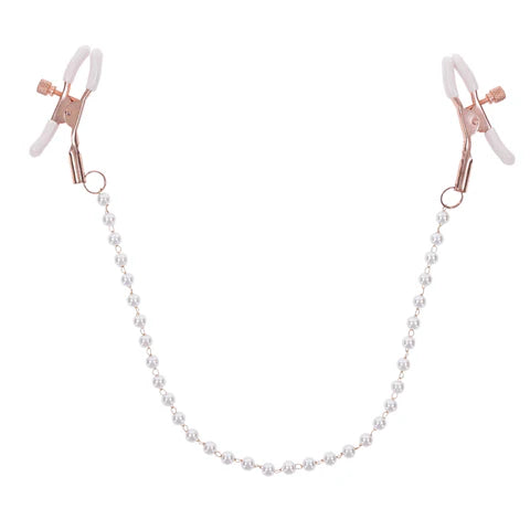 white pearl chain with rose gold and white nipple clamps