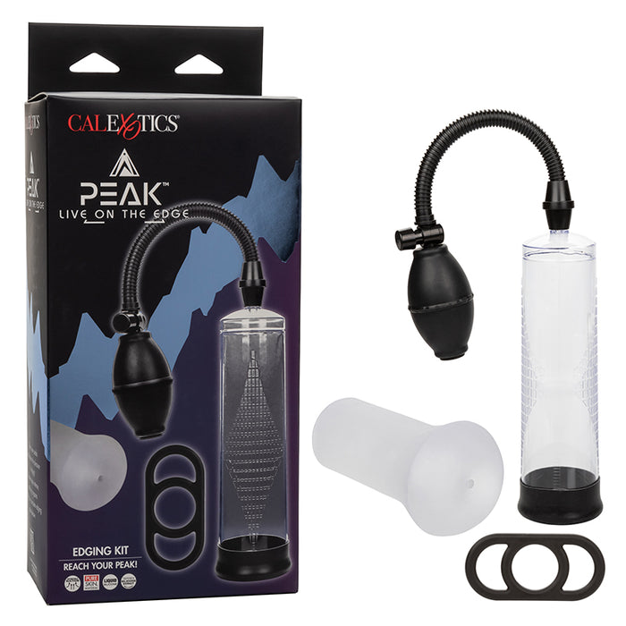 clear hand held penis pump with tunnel masturbator and cock ring beside box