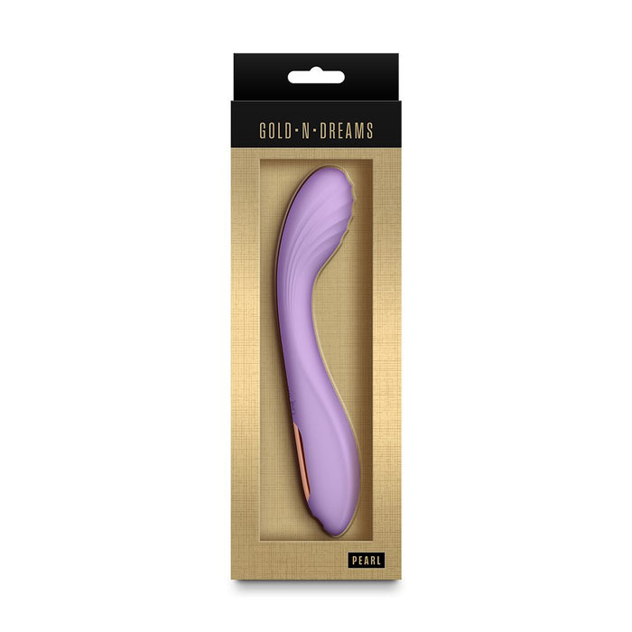 Purple pearl vibrator in a Gold 'N Dreams packaging on a white background