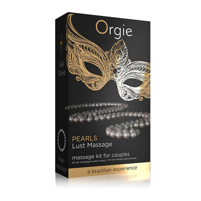The product comes in a black box with a golden ornate mask and a string of pearls