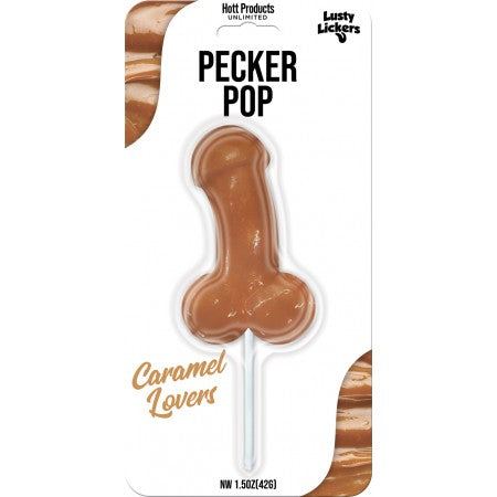 A caramel-flavored candy designed in the shape of a pecker on a stick, with packaging indicating it is part of the Lusty Lickers line by Hott Products.