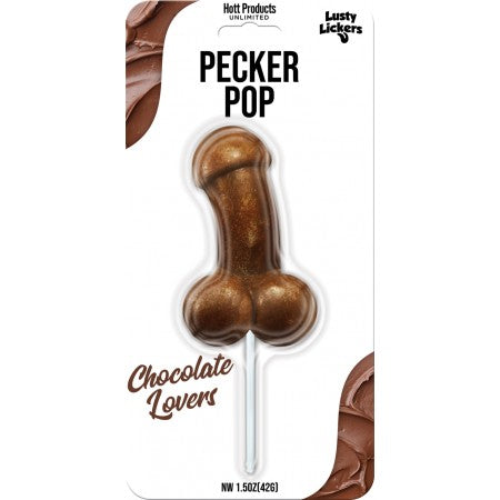 A pecker-shaped chocolate candy on a stick, packaged with the text 'Chocolate Lovers'.
