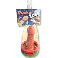The image displays the "Pecker Ring Toss Game" by Ozze Creations, which features a phallus-shaped target with colorful rings designed for adult party entertainment.