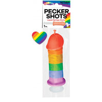 Rainbow-colored syringe-like pecker with packaging labeled 'Pecker Shots' on a white background