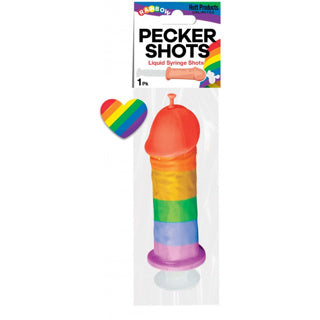 Rainbow-colored syringe-like pecker with packaging labeled 'Pecker Shots' on a white background
