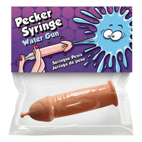 The product image shows a Pecker Syringe Water Gun packaged in a plastic wrap with a colorful label. The water gun itself is designed to resemble a syringe and is colored brown.