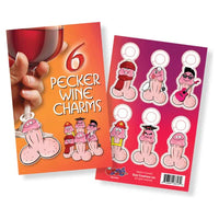 This image displays a set of six whimsical wine charms designed by Ozze Creations, titled "Willy Pecker Wine Charms." The charms feature a humorous pecker (penis) shape, each adorned with different accessories and expressions, intended to add a playful and adult-themed touch to any wine tasting event or gathering.