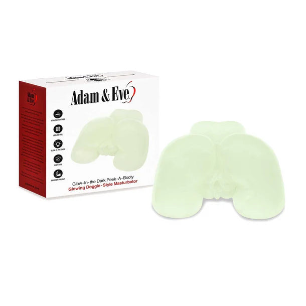 Glow-in-the-dark doggie-style masturbator with packaging on a white background