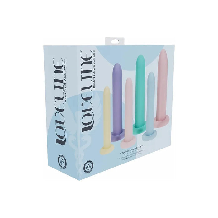 Box of Loveline pelvic exam tools with pastel-colored dilators on a light blue background