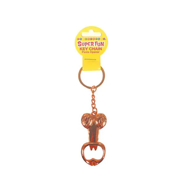 Copper penis-shaped bottle opener keychain with a yellow tag on a white background