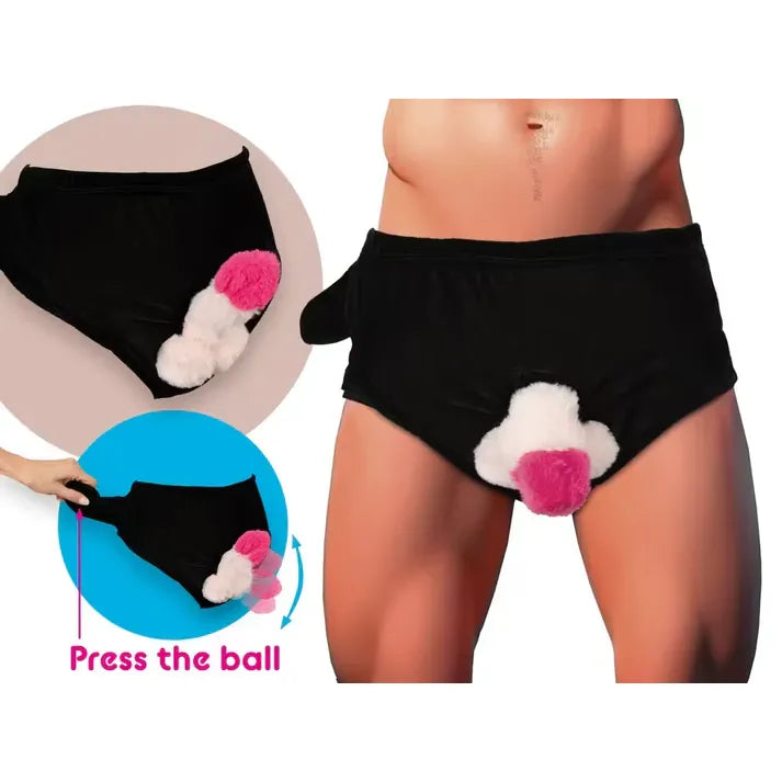 male wearing mens funny briefs with plush penis 