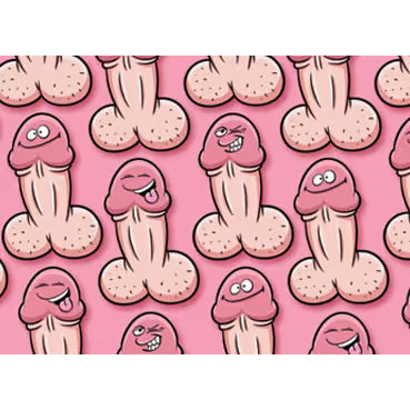 Pattern of cartoonish pink and beige penis shapes with facial expressions on a pink background.