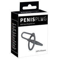 grey penis plug with glans ring, on box packaging, on white back ground