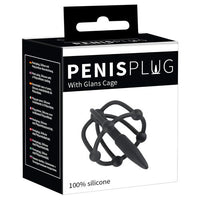 penis plug with glans cage on box packaging, on white back ground