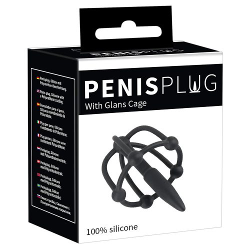 penis plug with glans cage on box packaging, on white back ground