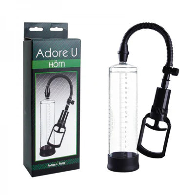 Clear handheld penis pump with black hose and packaging labeled 'Adore U Hom' on a white background