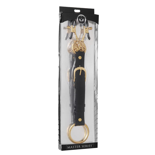 Black and gold nipple clamps with cock ring in packaging with 'Master Series' branding on a white background