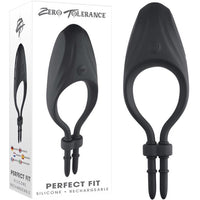 The image shows a black, adjustable vibrating cock ring. The product is displayed in two views, highlighting the adjustable design and the LED indicator button on the side.