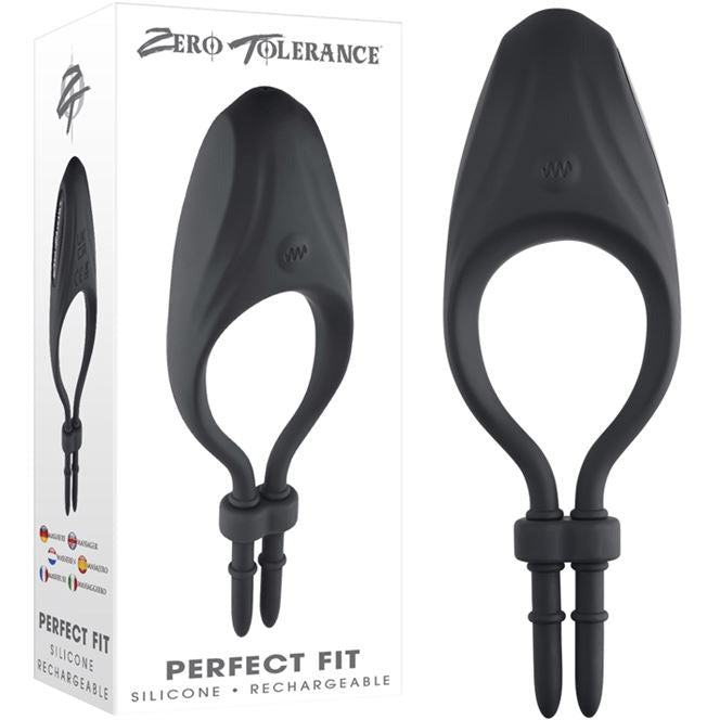The image shows a black, adjustable vibrating cock ring. The product is displayed in two views, highlighting the adjustable design and the LED indicator button on the side.