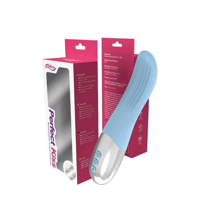 blue vibrator with silver base, curved head with ridges